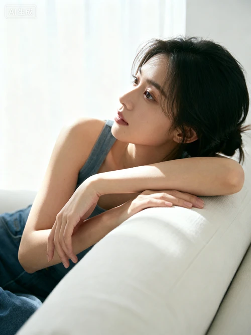 女性倚靠沙发姿势，身体放松，手部搭在沙发扶手上，白色背景，侧面拍摄，姿态舒适