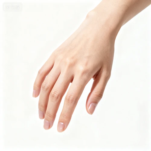 女性手部自然下垂姿势，手指微曲，白色背景，特写拍摄，细节清晰