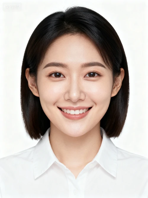 女性头部平视前方，自然微笑，白色背景，正面拍摄，表情自然