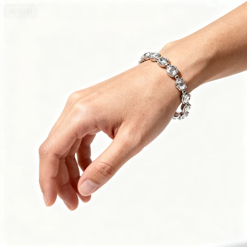 手部佩戴手链特写，手指自然弯曲，白色背景，45度拍摄，饰品细节清晰