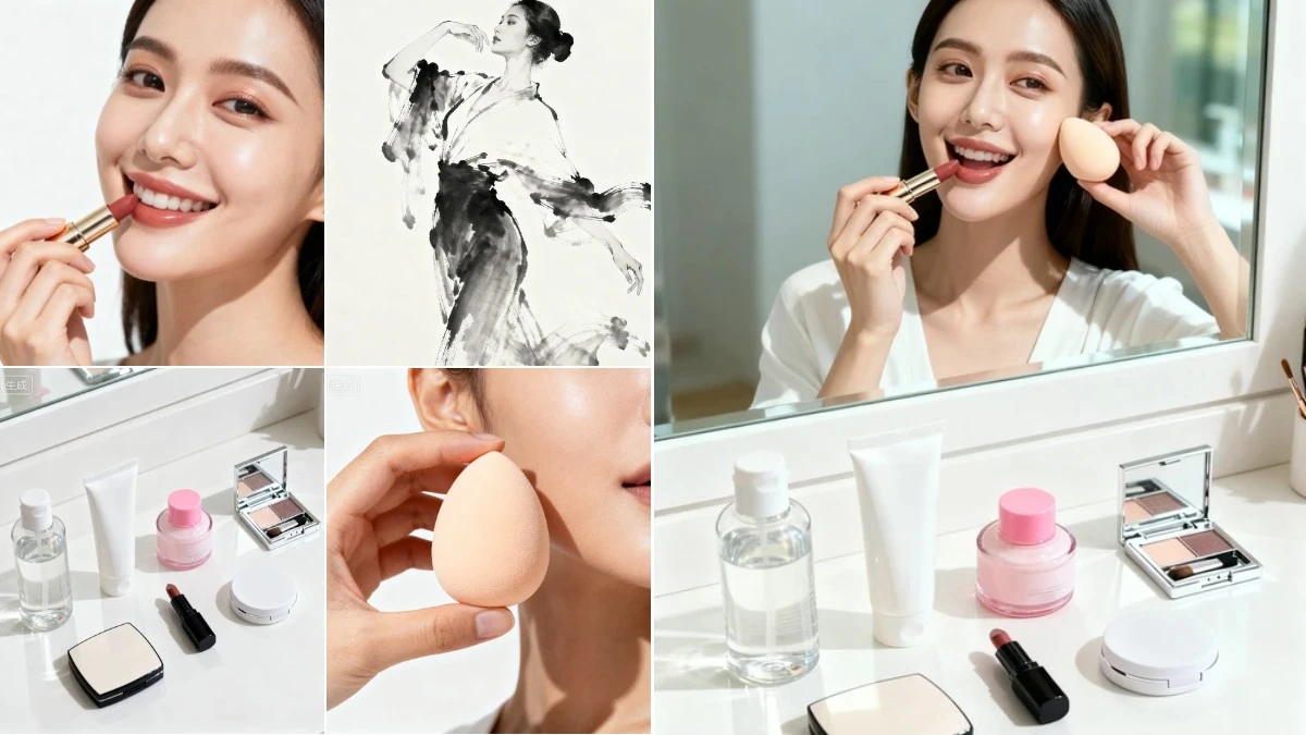 图3：美妆类动态姿势模特AI合成效果（左侧为拆分素材，右侧为合并成品）