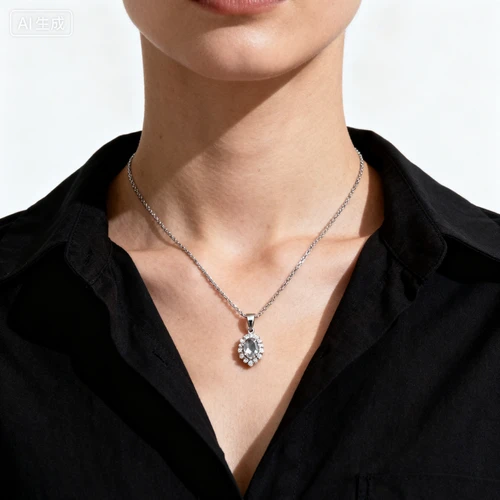 颈部佩戴项链特写，衣领自然，白色背景，正面拍摄，项链垂坠感自然