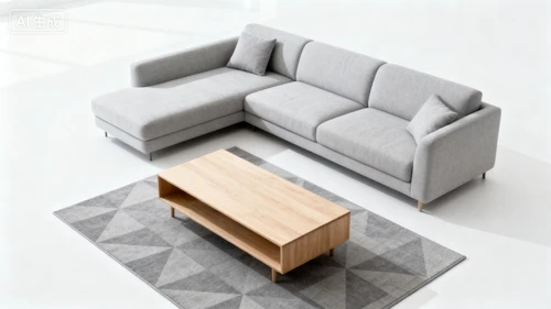 现代客厅场景，包含沙发、茶几、地毯，白色背景，广角拍摄，布局合理