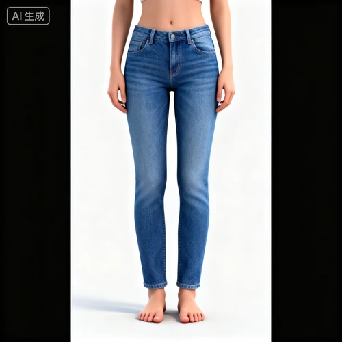 女性下半身站姿，穿着牛仔裤，双脚与肩同宽，白色背景，正面拍摄，线条流畅