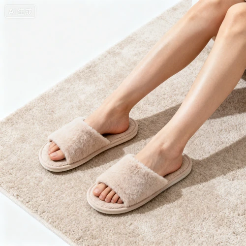 女性脚部放在地毯上的姿态，穿着居家拖鞋，白色背景，俯视拍摄，自然放松