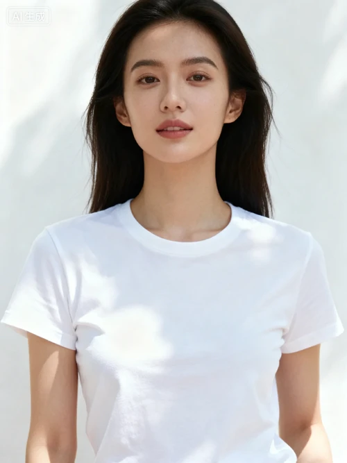 女性上半身站姿，穿着简约T恤，自然垂臂，白色背景，正面拍摄，姿态舒展