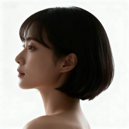女性头部侧视姿态，发型简约，白色背景，侧面拍摄，与身体姿态协调