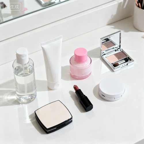 化妆台场景，摆放护肤品和化妆品，白色背景，俯视拍摄，物品排列有序