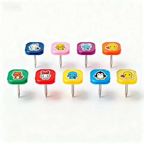 彩色安全地钉，圆角设计，带卡通贴纸，白色背景，正视拍摄，排列整齐