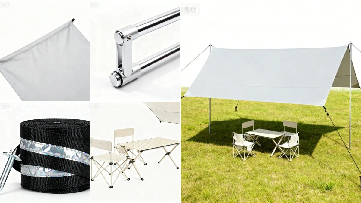 图1：简约露营天幕AI合成效果（左侧为拆分素材，右侧为合并成品）