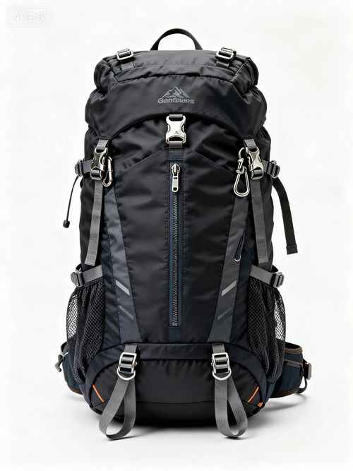 专业登山背包，大容量，防水材质，白色背景，正视拍摄，户外感强