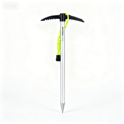 铝合金多功能地钉，加长设计，带反光绳，白色背景，正视拍摄，与风格统一
