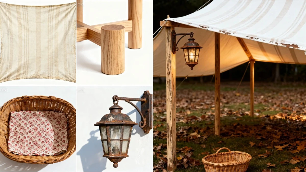 图2：复古野餐天幕AI合成效果（左侧为拆分素材，右侧为合并成品）