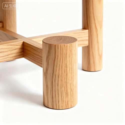 原木色木质支架，圆柱形，天然木纹，白色背景，侧视拍摄，结构稳固