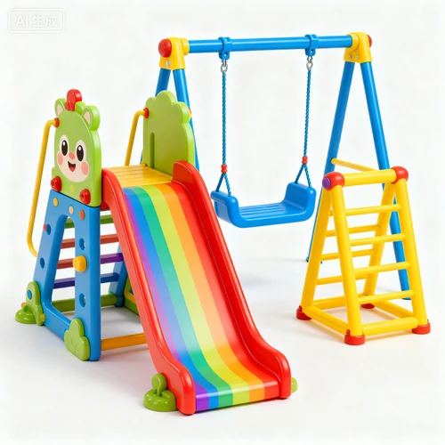 儿童户外玩具套装，卡通造型，色彩鲜艳，白色背景，侧视拍摄，适合亲子互动