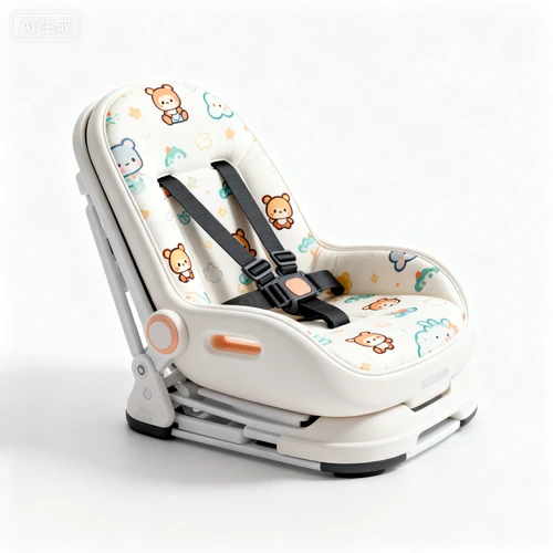折叠儿童座椅，带安全带，卡通图案，白色背景，侧视拍摄，线条圆润