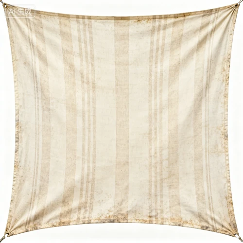 米白色帆布天幕，做旧处理，复古条纹图案，白色背景，正视拍摄，纹理清晰