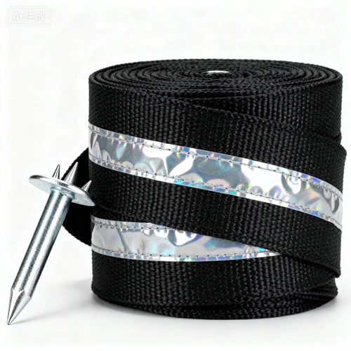 黑色防风绳，反光条纹，配套金属地钉，白色背景，正视拍摄，细节清晰