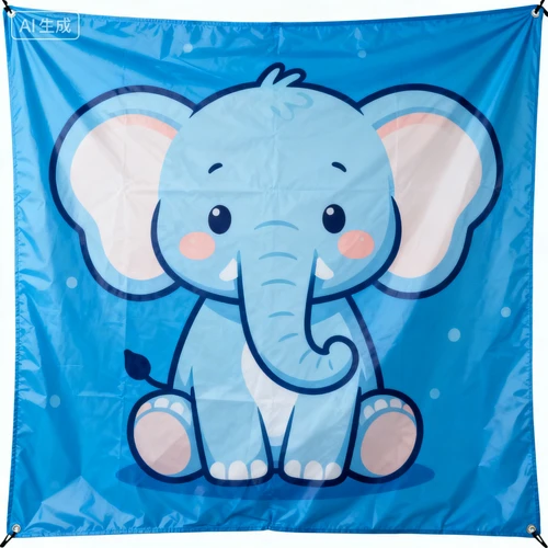 蓝色卡通印花天幕布料，动物图案，防水材质，白色背景，正视拍摄，图案清晰