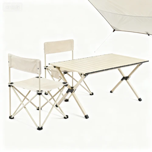 简约露营桌椅组合，浅色系，折叠设计，白色背景，侧视拍摄，与天幕风格统一