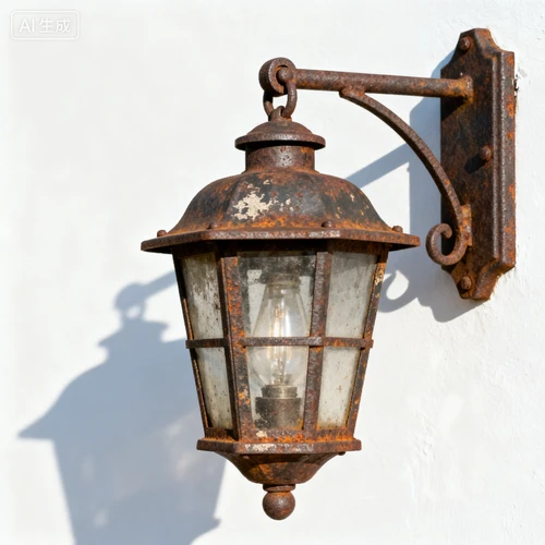 铸铁复古灯具，挂式设计，做旧风格，白色背景，侧视拍摄，与天幕风格统一