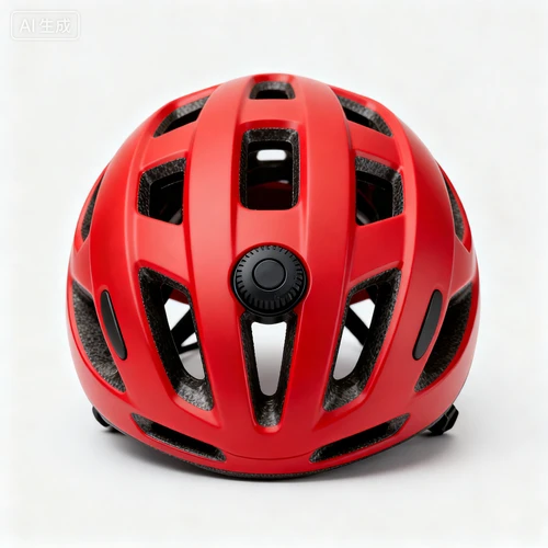 红色骑行头盔，通风设计，带调节旋钮，白色背景，正视拍摄，造型时尚