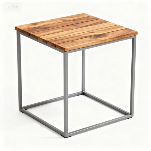 小型户外边几，木质台面，金属支架，白色背景，侧视拍摄，与桌椅风格统一