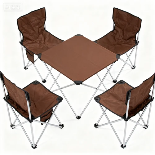 铝合金折叠桌椅套装，棕色帆布面，展开状态，白色背景，俯视拍摄，结构稳固