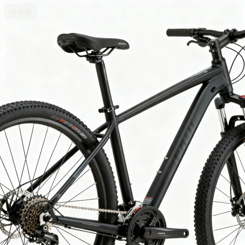 黑色山地自行车，铝合金车架，27速变速，白色背景，侧视拍摄，细节完整