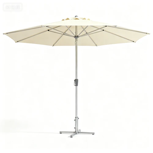 米白色遮阳伞，直径2.5米，带金属支架，白色背景，侧视拍摄，伞面展开