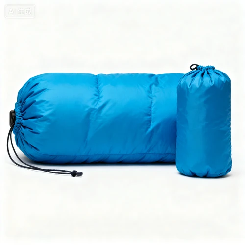 蓝色便携睡袋，压缩状态，带收纳袋，白色背景，正视拍摄，质感柔软