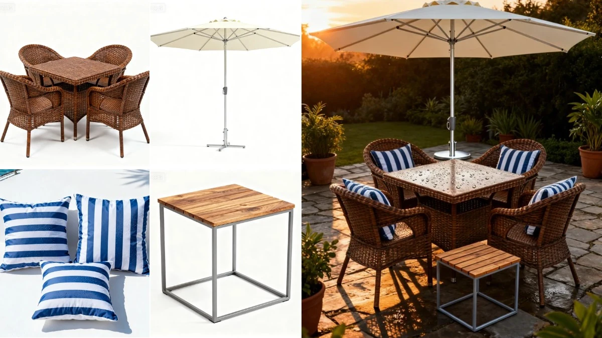 图2：户外家具AI合成效果（左侧为拆分素材，右侧为合并成品）