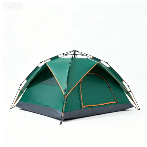绿色双人帐篷，防水材质，搭建完成状态，白色背景，侧视拍摄，细节清晰