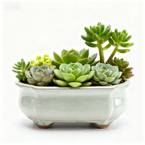 装饰绿植盆栽，多肉组合，陶瓷花盆，白色背景，正视拍摄，造型美观