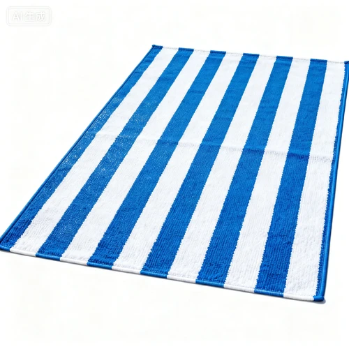 条纹户外地毯，蓝白配色，防水材质，白色背景，平铺拍摄，图案完整