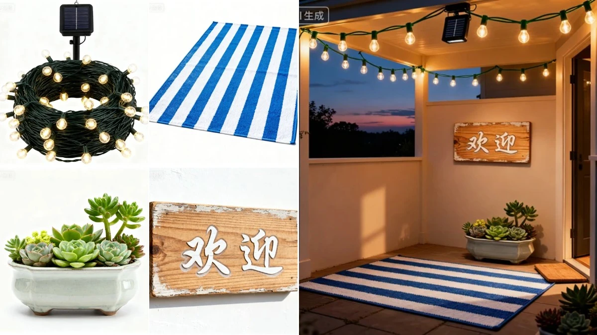 图4：庭院装饰AI合成效果（左侧为拆分素材，右侧为合并成品）