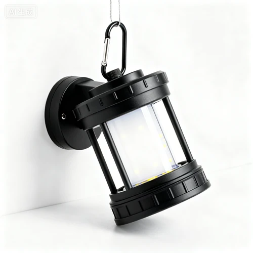 黑色露营灯，挂式设计，LED光源，白色背景，侧视拍摄，造型简约