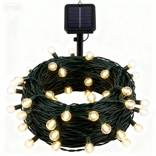 太阳能串灯，暖白光，10米长度，白色背景，悬挂状态拍摄，灯光效果自然