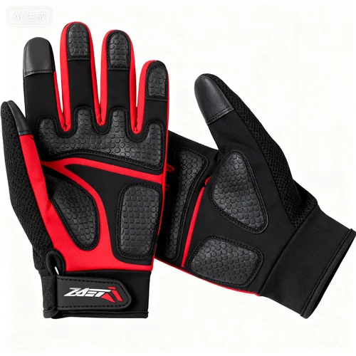 骑行手套，黑红配色，防滑掌心，白色背景，展开拍摄，细节清晰