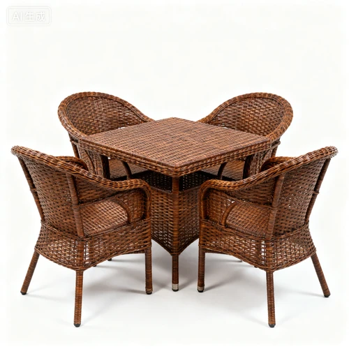 棕色藤编桌椅套装，一桌四椅，天然藤材质，白色背景，正视拍摄，纹理清晰