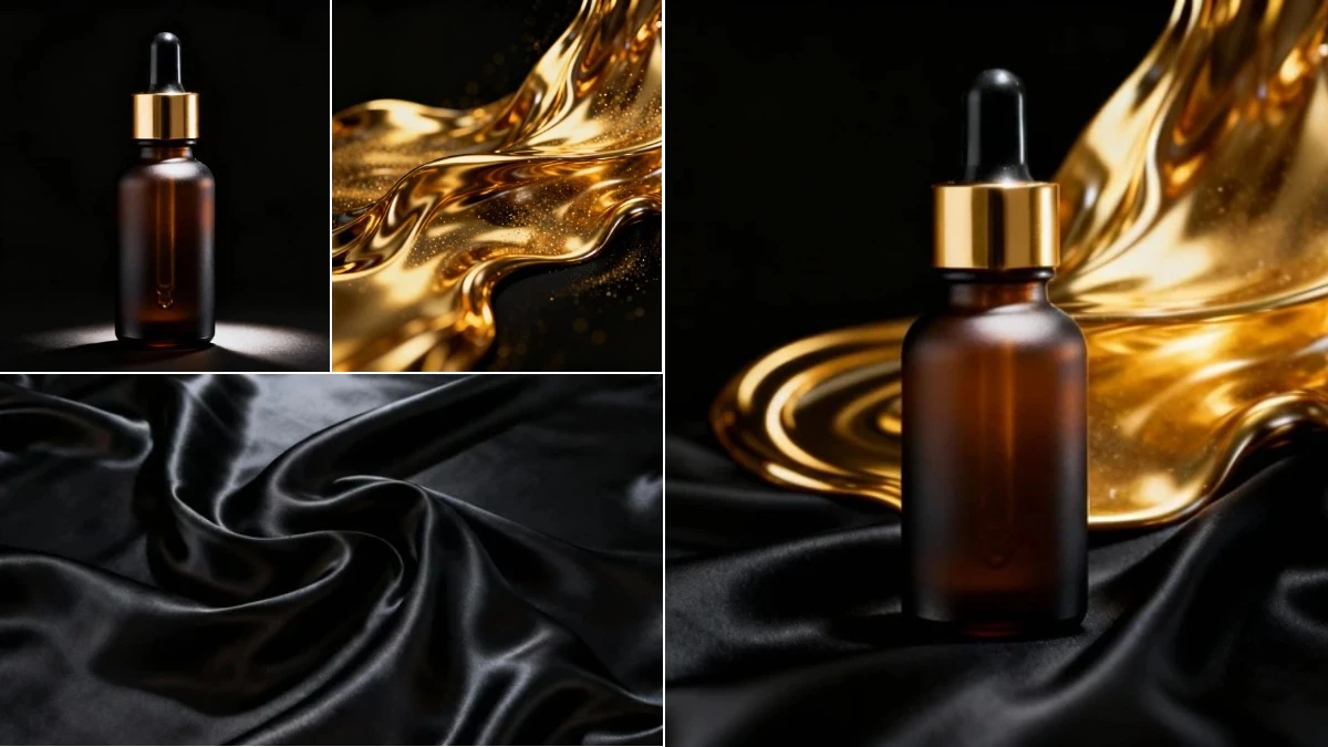 图2：奢华光影护肤品AI合成效果（左侧为拆分素材，右侧为合并成品）