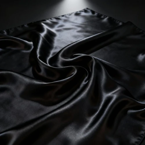 黑色丝绸布料，波浪褶皱，光泽感强，质地柔软，黑色背景，俯视拍摄