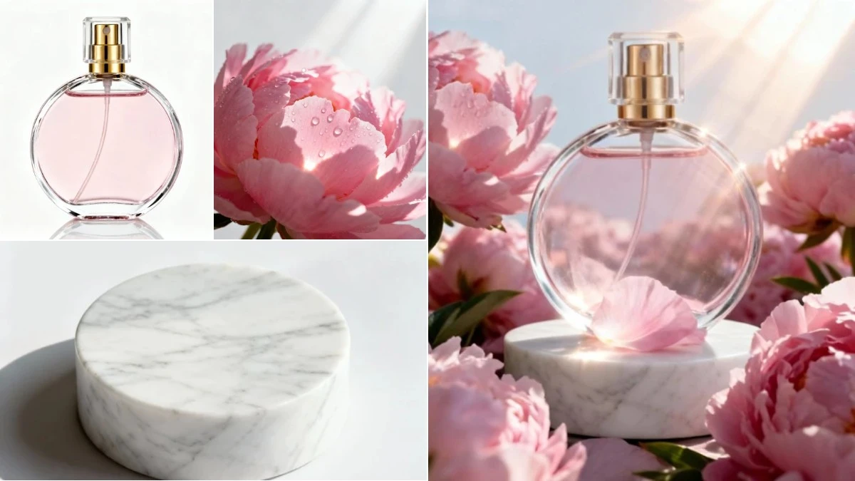 图1：花卉自然风香水AI合成效果（左侧为拆分素材，右侧为合并成品）