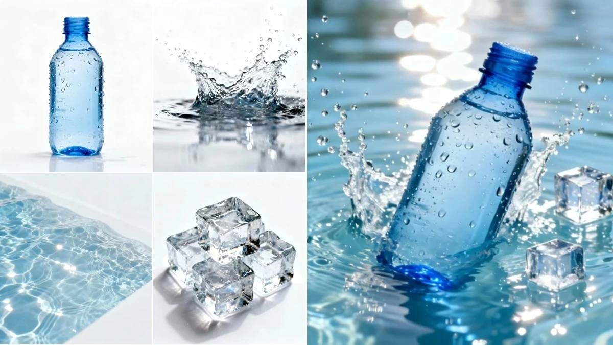 图3：清爽水波纹产品AI合成效果（左侧为拆分素材，右侧为合并成品）