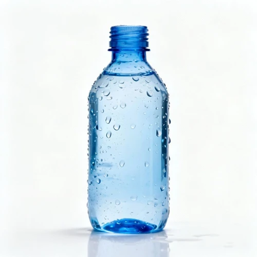 蓝色透明塑料瓶，简约设计，表面有水珠凝结，白色背景，正视拍摄，清透感