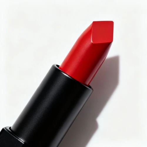 正红色口红，管身黑色哑光，膏体切面平整，白色背景，侧视拍摄，质感高级