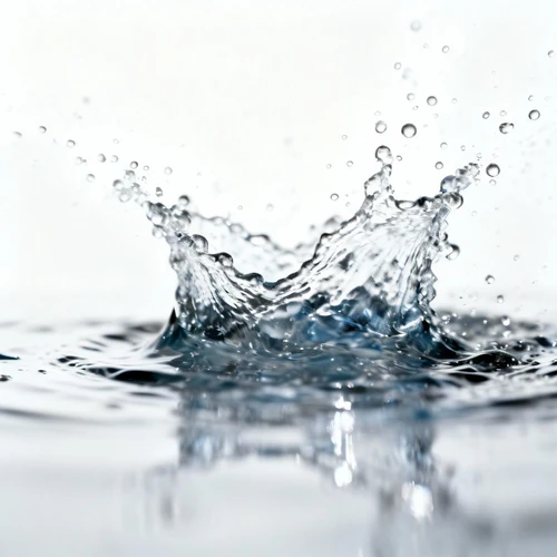 动态飞溅的水花，形态张力强，晶莹剔透，包含细小水珠，白色背景，高速摄影风格