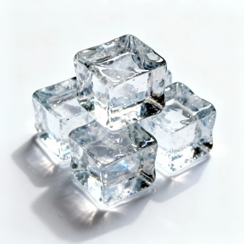 冰块堆叠，透明质感，不规则形状，白色背景，细节锐利