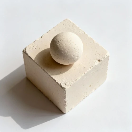 米色石膏几何体，立方体与球体组合，表面微粗糙纹理，白色背景，柔和光影