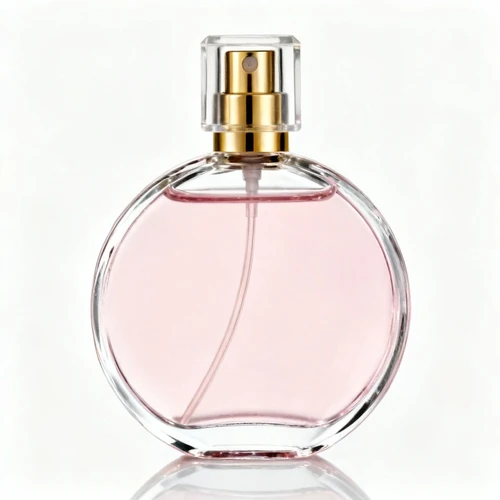 透明圆形玻璃香水瓶，金色喷头，瓶内淡粉色液体，白色背景，正视拍摄，高透光感，8k分辨率